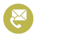 Rundes gelbes Symbol mit Briefumschlag und Telefonhörer auf schwarzem Hintergrund – steht für Kontaktmöglichkeiten.