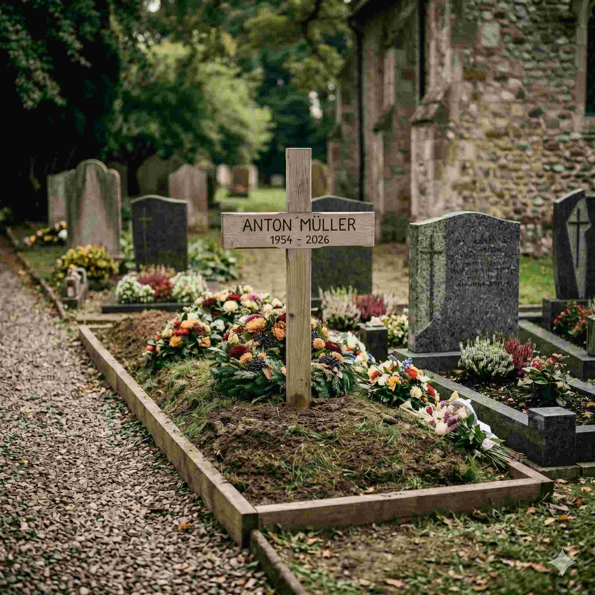 Ein frisches Grab mit einem Holzkreuz auf einem Friedhof, umgeben von Blumenkränzen und Grabsteinen.